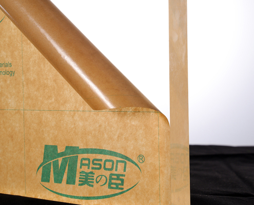 A clear sheet of MASON® chemical-resistant acrylic, designed for perfume displays, showing high light transmittance.