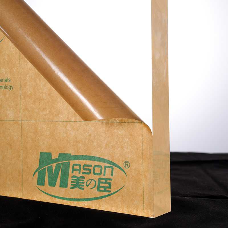 A clear sheet of MASON® chemical-resistant acrylic, designed for perfume displays, showing high light transmittance.