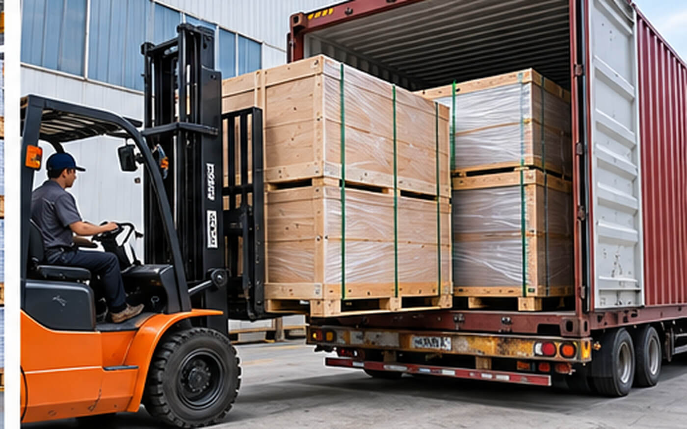 Export-packed acrylic sheets being loaded into a shipping container