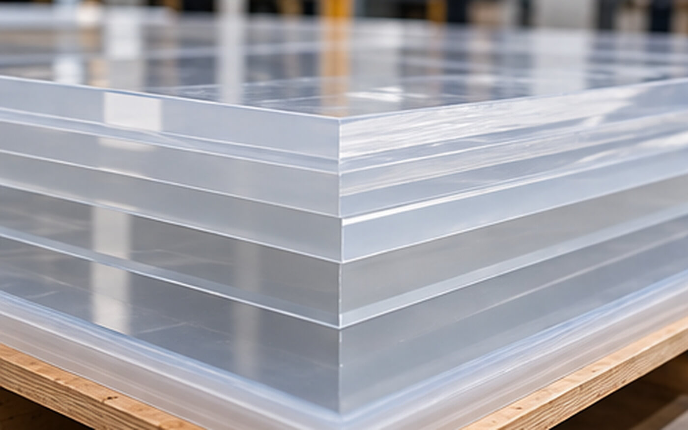 Stacked clear acrylic mother sheets prepared for cutting and distribution