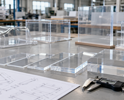 Different acrylic sheet thicknesses with caliper and technical drawing at KINGSCOPE