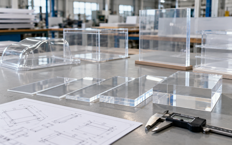 Different acrylic sheet thicknesses with caliper and technical drawing at KINGSCOPE