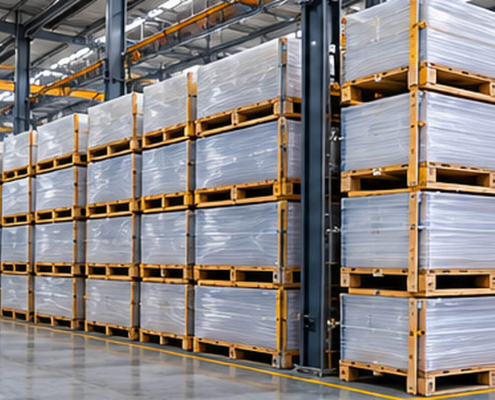 Bulk acrylic sheet inventory stored on pallets in an organized warehouse